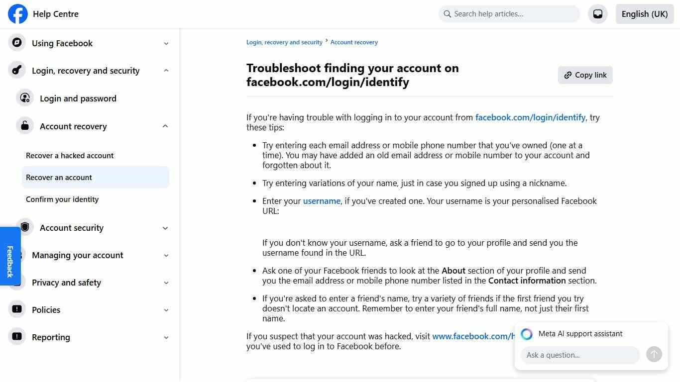 Troubleshoot finding your account on facebook.com/login/identify Facebook Help Centre