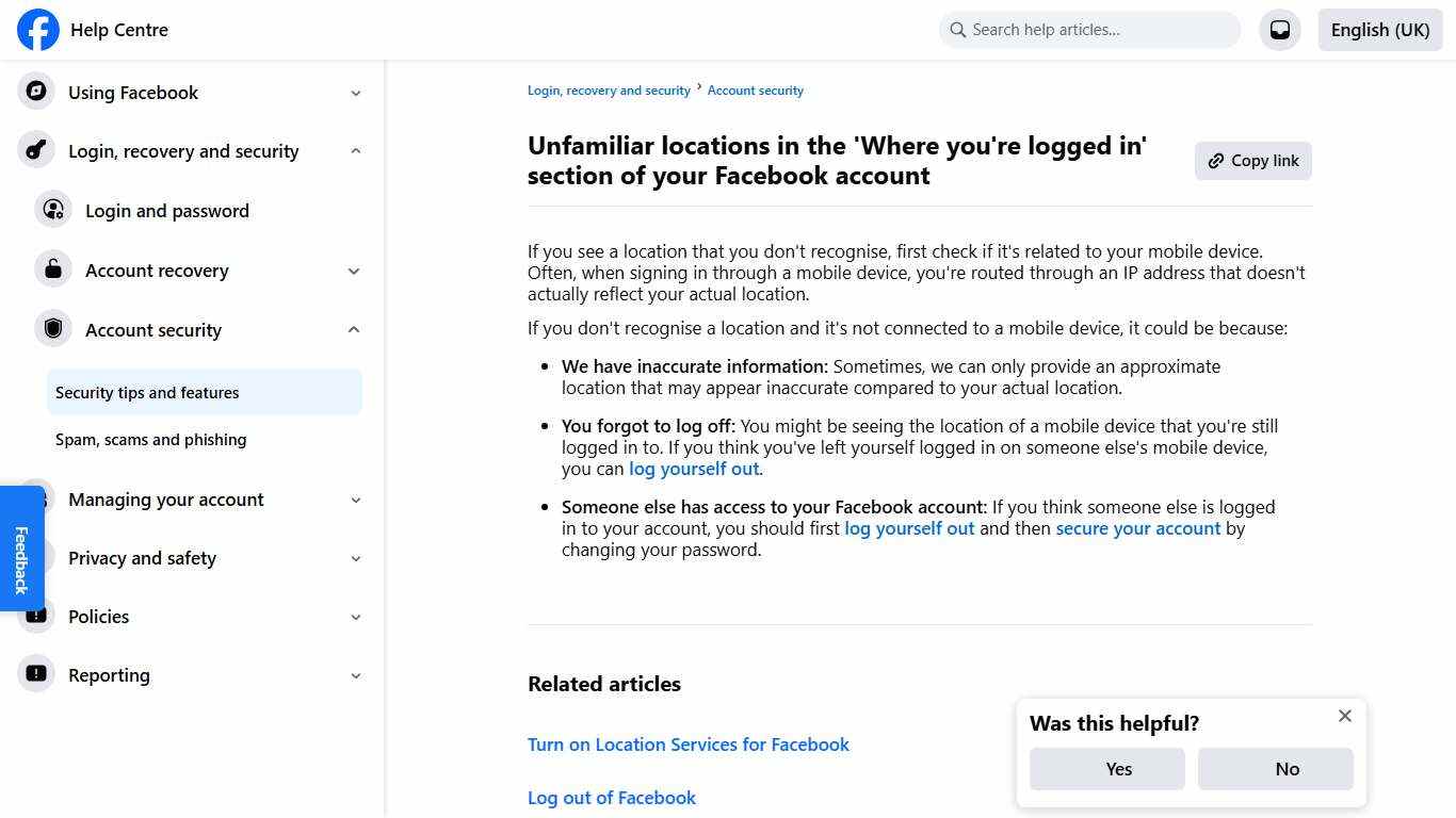 Unfamiliar locations in the 'Where you're logged in' section of your Facebook account Facebook Help Centre