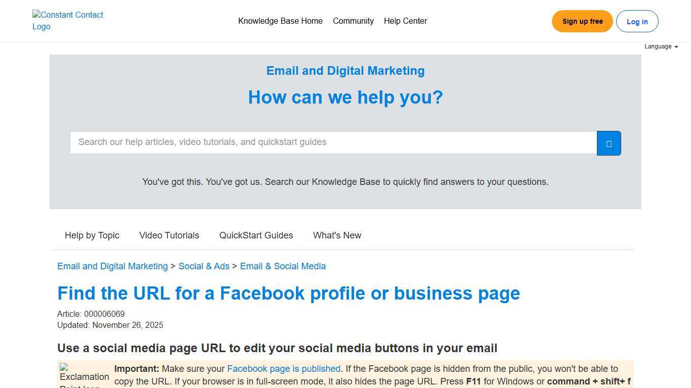 Find the URL for a Facebook profile or business page